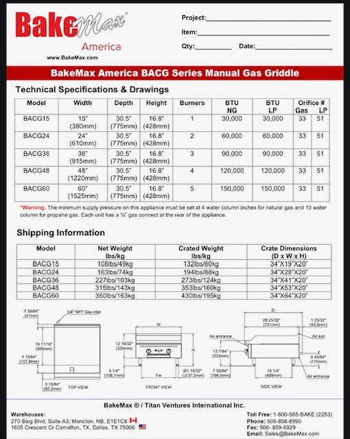 BakeMax America BACG Series Manual Gas Griddle (5 sizes) - Donut-Equipment.com