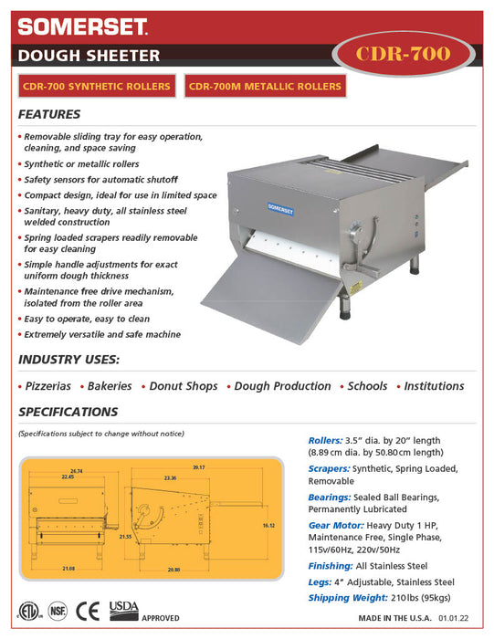 CDR-700 Dough Sheeter featuring 20" Wide Rollers