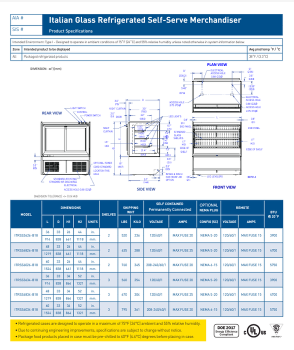 Federal Industries (ITRSS3626-B18)-Italian Series Refrigerated- 36" Self Service Open Air Case w/ Two Shelves 120V