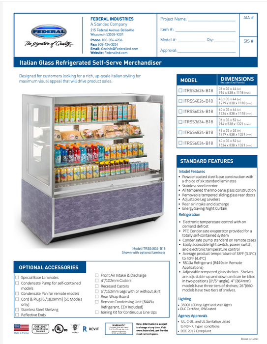 Federal Industries (ITRSS3626-B18)-Italian Series Refrigerated- 36" Self Service Open Air Case w/ Two Shelves 120V