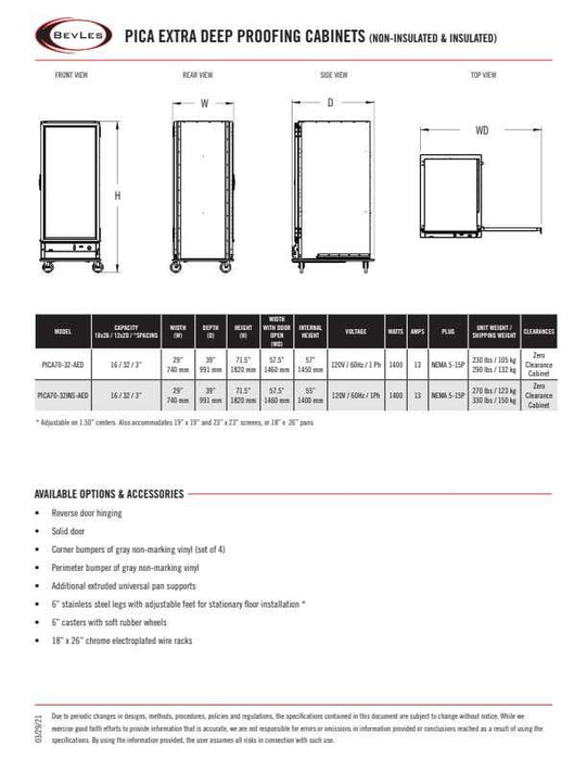 Bevles Extra Deep Proof-Box Model: PICA70-32INS-AED-4R2 (230V) Right Hinged 2 Door Proofing Cabinet (Insulated)