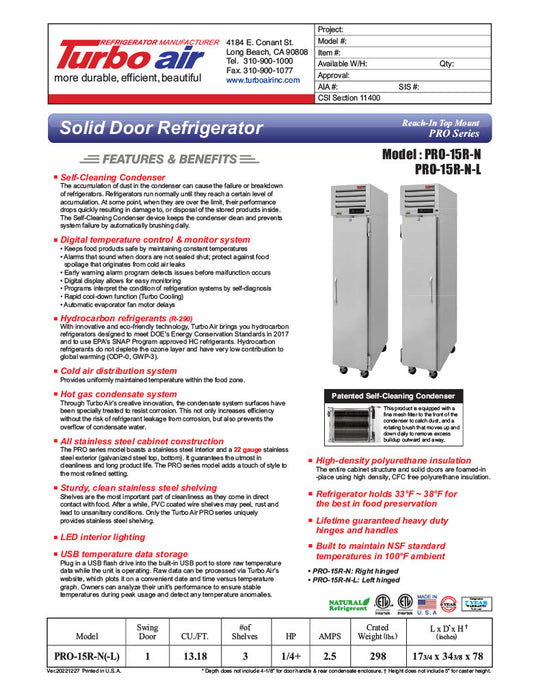 Turbo Air PRO-15R-N 17 3/4" One Section Reach In Refrigerator - (1) Right Hinge Solid Door, 115v