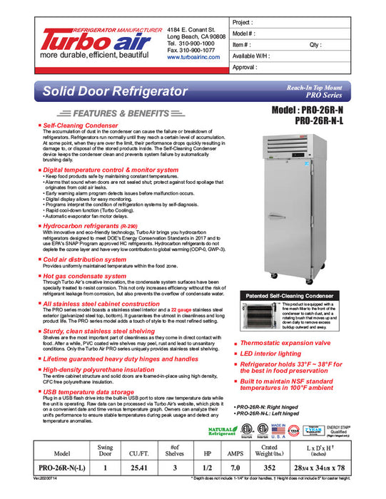 Turbo Air PRO-26R-N 29" Premiere Pro Series Solid Door Reach in Refrigerator