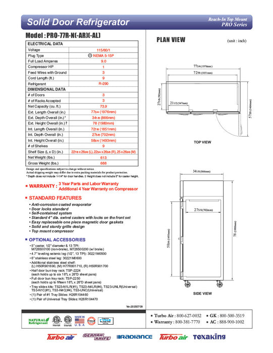 Turbo Air PRO-77R-N 78" Premiere Pro Series Solid Door Reach in Refrigerator