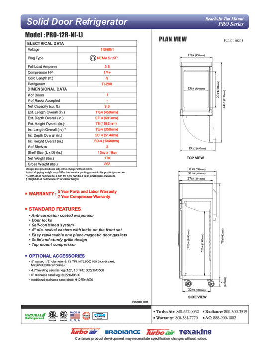 Turbo Air PRO-12R-N(-L) PRO Series Refrigerator Reach-in One-section