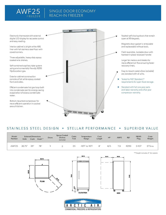 Arctic Air AWF25 White Single Door Reach In Freezer