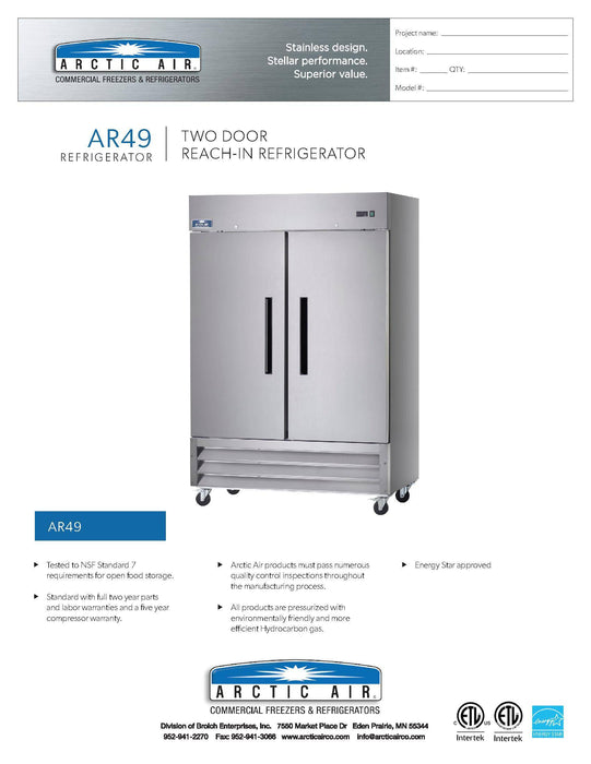 Arctic Air AR49 Two Section Solid Door Reach-in Refrigerator