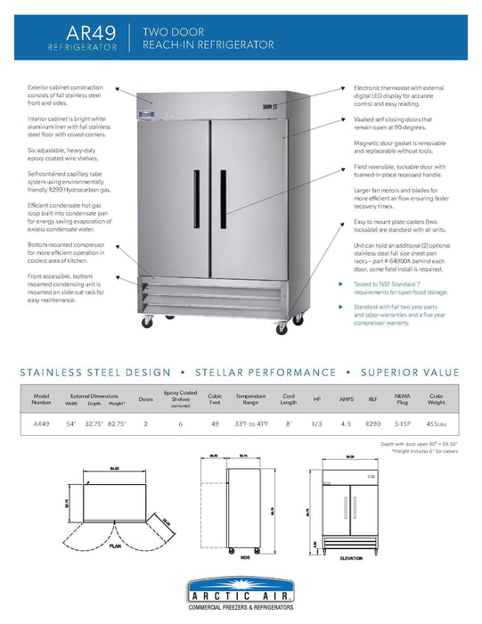 Arctic Air AR49 Two Section Solid Door Reach-in Refrigerator