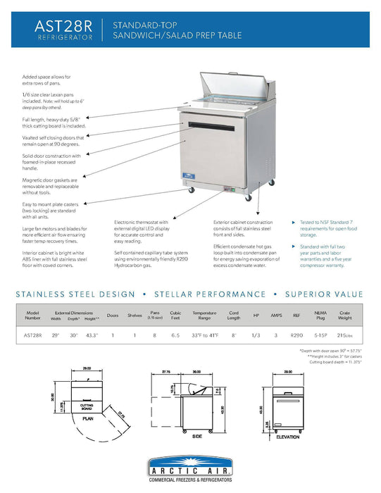 Arctic Air AST28R One Door Sandwich / Salad Prep Refrigerator