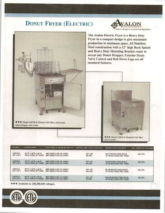 Avalon (ADF26-E-3) 18" X 26" Donut Fryer, Electric (3 phase) Right Side Drain Board with Submerger Screen