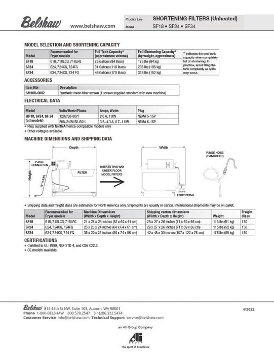 Belshaw SF18 Shortening Filter - Non heated- includes rinse hose