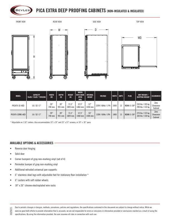 Bevles Model: PICA70-32INS-AED-1L1 (Insulated) Extra Deep (115V) Single Door Left Hand Hinged Proofing Cabinet