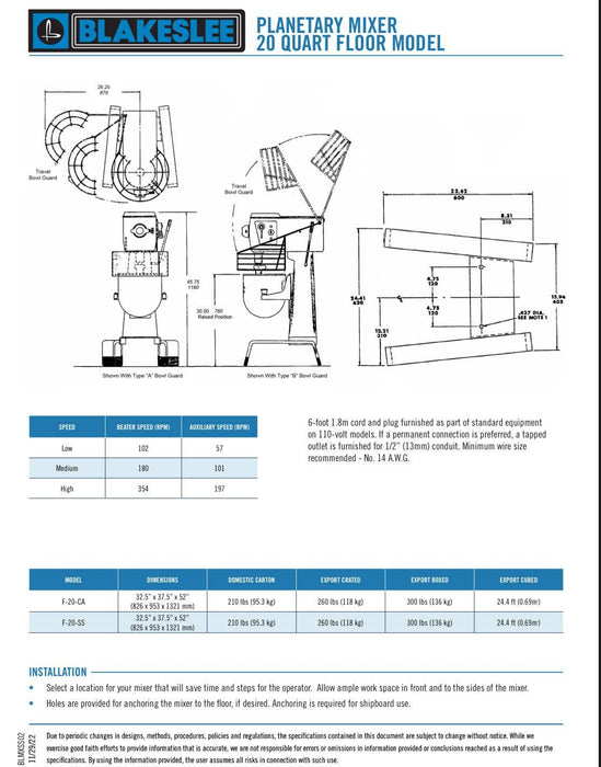 20 Quart Floor Model Blakeslee Food Mixer Model F-20-CA