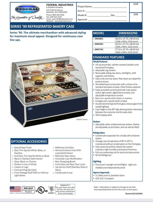 Black Exterior Color Federal SNR59SC SERIES '90 Refrigerated Bakery Case 59" x 37.75" x 48"