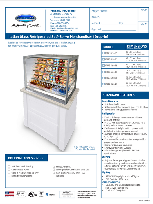 Federal Industries (ITRSS6026)-Italian Series Self Serve Drop-In Refrigerated Open Air Display with Shelves 208-240V